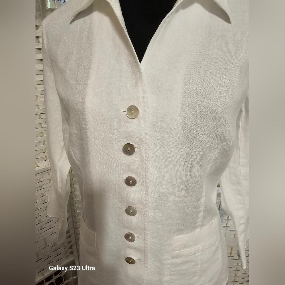 🧨 Talbots Ivory Irish Linen Ruffle Sleeve Button Down Blouse - Picture 3 of 11